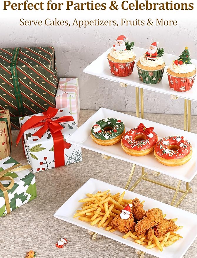 Yedio 3 Tier Serving Tray Set – 12 Inch Porcelain Serving Platters with Pre-Assembled Gold Metal Stand, No Installation Required, Tiered Tray for Dessert Fruit Food Display and Party Entertaining