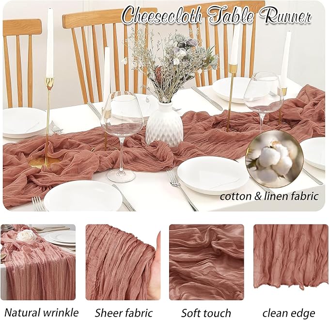 Dusty Rose Cheesecloth Table Runner 1 Pack 35" Boho Gauze 120 inches Long Runner Rustic Sheer Fabric Bulk for Baby Shower Wedding Bridal Birthday Party Table Decorations