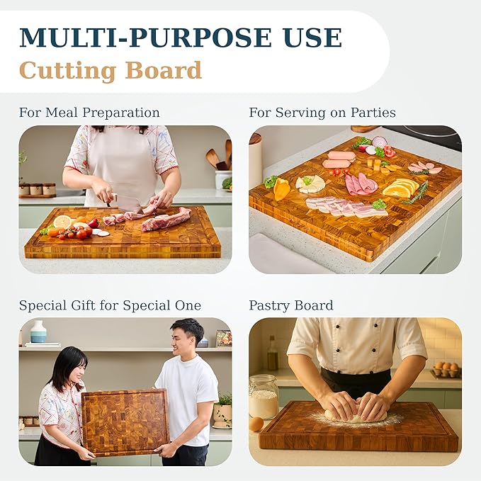 Bearchop Teak Cutting Boards for Kitchen, [17" x 13" x 1.5"] Medium End Grain Cutting Boards, Solid Teak Wood Butcher Block Cutting Board with Juice Grooves and Handle, Knife Friendly and Reversible