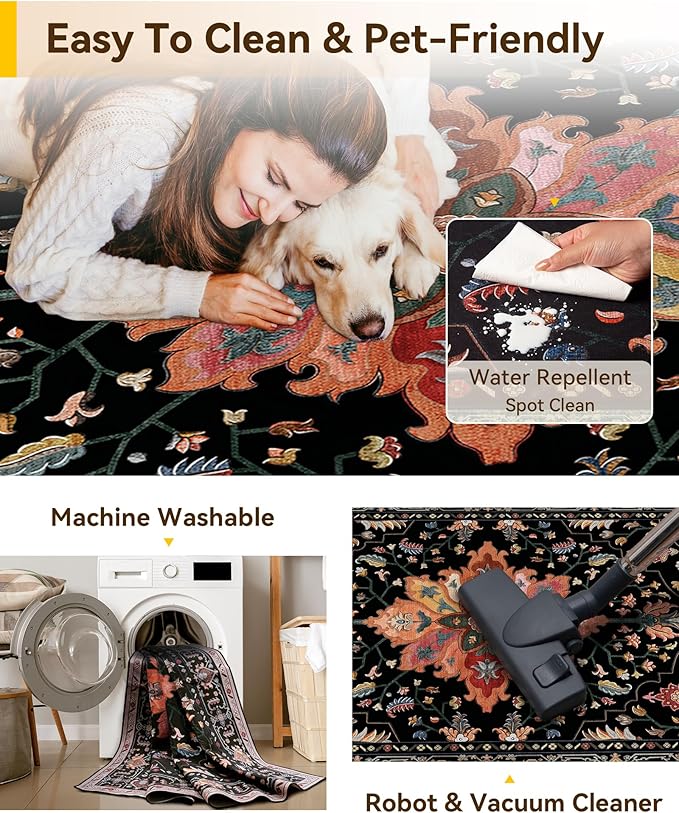 Area Rugs 6'x9' Washable Non-Slip, Floral Vintage Distress Print Pattern Medallion Carpet for Living Room Bedroom Dining Room, Black Colorful Floral Dark Tan