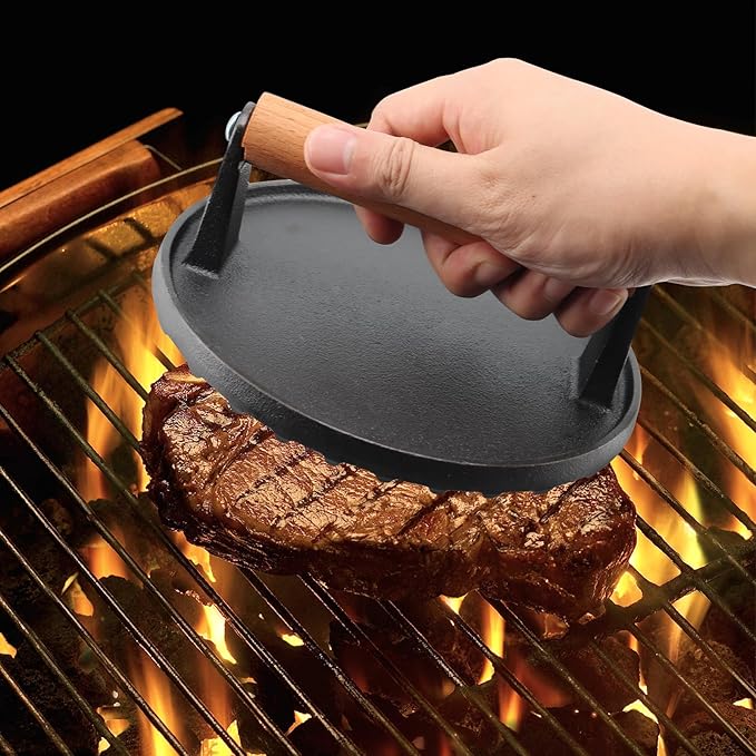 MOUYAT 2 Pack Cast Iron Grill Press, 6.8 Inch Round and 8 Inch Rectangle Heavy Grill Weight Bacon Griddle Press with Wooden Handle, Flat Cooking Weight Press Steak Weights for Bacon Burgers Meat BBQ