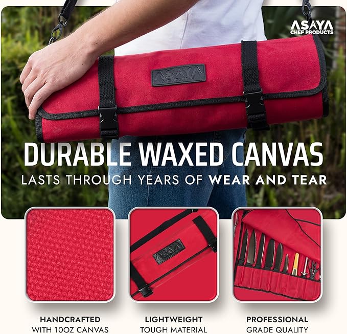 Asaya Canvas Chef Knife Roll Bag - 10 Knife Slots and a Large Zipper Pocket - Durable 10oz Canvas Knife Case with an Adjustable Shoulder Strap - Knives not Included (Red)