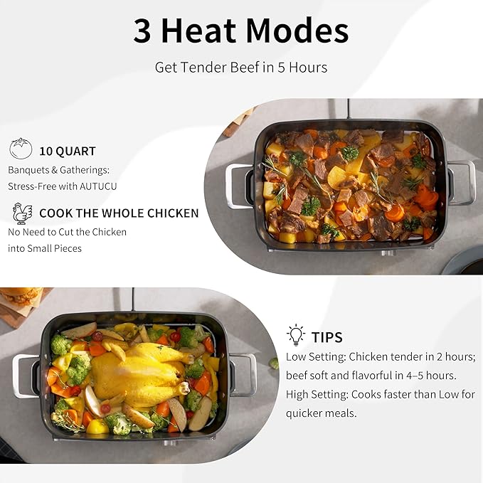 AUTUCU Slow Cooker 10-Quart - PFOA-Free Ceramic Coating, Oven Safe to 450°F | Keep Warm Function for Large Family Gatherings (Includes Silicone Spoon)
