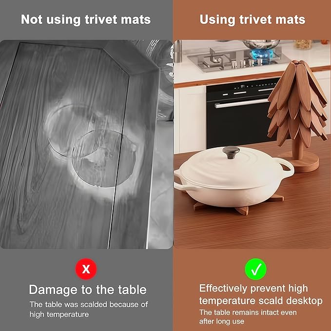 Foldable Kitchen Wooden Trivet Wooden Trivets for Hot Dishes, Tree Shape Trivet Set, 4 Walnut Wood 1 Stand stored Like a Christmas Tree,for Hot Pot Holder, Teapot, Bowl, Hot Dishes (Walnut Wood)
