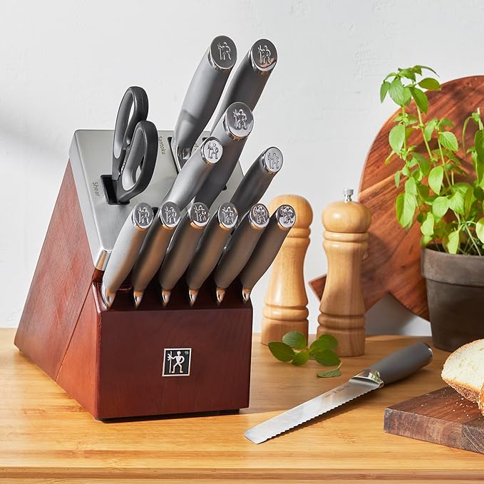Henckels Modernist 14-pc Self-Sharpening Knife block set, Chef Knife, Paring Knife, Dark Brown, Stainless Steel, Walnut