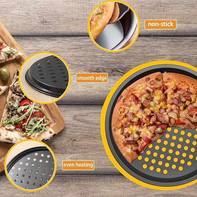 Sydentrey 2Pcs Carbon Steel Pizza Pan With Holes 9inch 12inch non stick pizza pan for Oven Round Perforated Pizza Tray Pizza Bakeware For Home Restaurant Baking (2pcs 12inch)