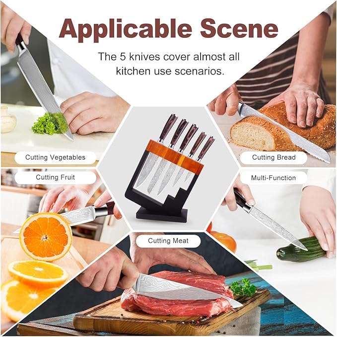 5 Piece Kitchen Knife Set with Block - High Carbon Stainless Steel Sharp Blade Chef Knives Sets with Ergonomic Wood Handle, Kitchen Knife Block Set for Home Cooking -5