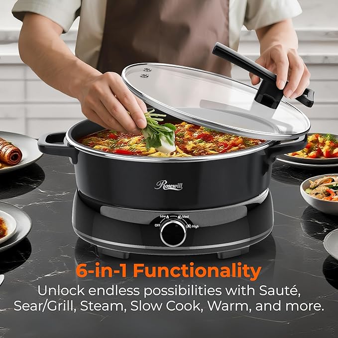 Rosewill 12.7 QT Electric Hot Pot Slow Cooker with Multiple Functions, Split Design with 11.8 inch Wider Cooking Pot and SUS Steam Basket, 1600W High Power, Includes Utensils - Black