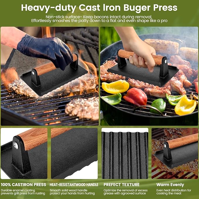Whaleme Burger Press, 8”X4”Rectangle Heavy-Duty Cast Iron Smash Burger Press Griddle Accessories with Heat Resistant Wood Handle for Blackstone Griddle, Ideal for Panini, Steak & Sandwiches