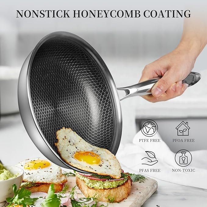 Innerwell Stainless Steel Frying Pan Set with Lid 10" and 12" Nonstick Honeycomb Coatings Skillet Set 2pcs W/Stay Cool Handle,Works Pan for Cooking with Induction Gas Stovetops