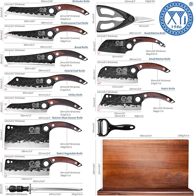 XYJ Authentic Since 1986,Knife Block Set,High Carbon Steel Forged Blades,Kitchen Knives Set with Wooden Magnetic Knife Block,Sharpening Steel,Cutting Board,Cleaver Slicing Knife,Wood Handle
