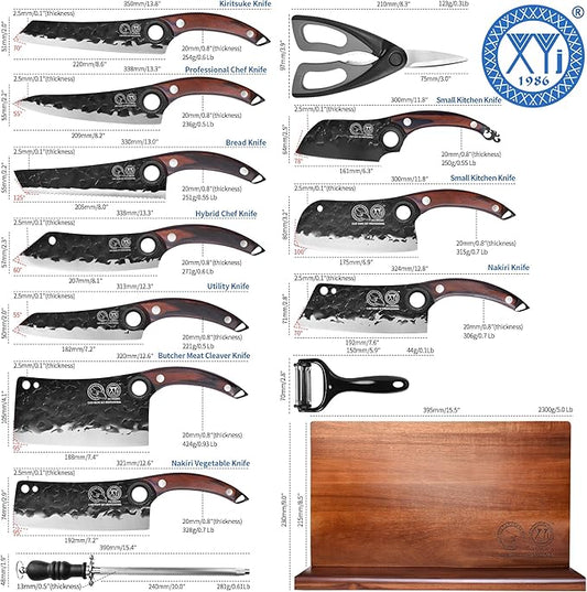 XYJ Authentic Since 1986,Knife Block Set,High Carbon Steel Forged Blades,Kitchen Knives Set with Wooden Magnetic Knife Block,Sharpening Steel,Cutting Board,Cleaver Slicing Knife,Wood Handle