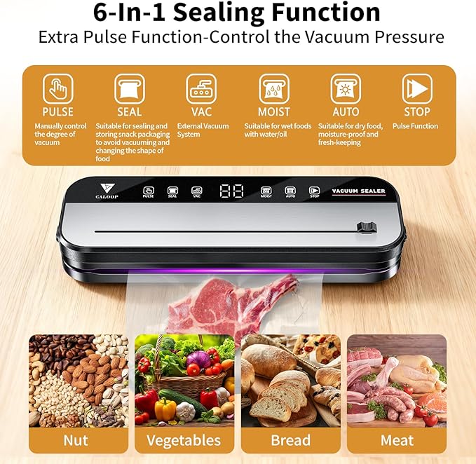 CALOOP Food Vacuum Sealer Machine with 20 Seal Bags, 80 Kpa Powerful Food Saver for Kitchen Storage, Dry/Moist Modes, Digital Countdown Timer, Compact Lightweight, Build-in Cutter