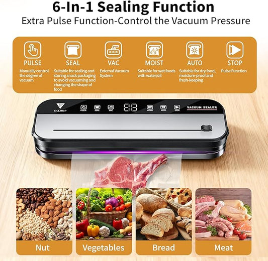 CALOOP Food Vacuum Sealer Machine with 20 Seal Bags, 80 Kpa Powerful Food Saver for Kitchen Storage, Dry/Moist Modes, Digital Countdown Timer, Compact Lightweight, Build-in Cutter