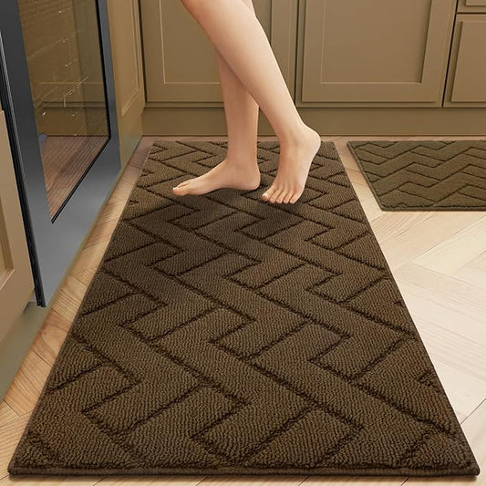 hicorfe Kitchen Rugs and Mats Sets,2 Pieces Super Absorbent Polypropylene Non-Slip Rug,Soft Comfort Floor Mat,Washable for Kitchen,Hallway,Office,Sink,Laundry(20" x 32"+20" x 48",Dark Brown)