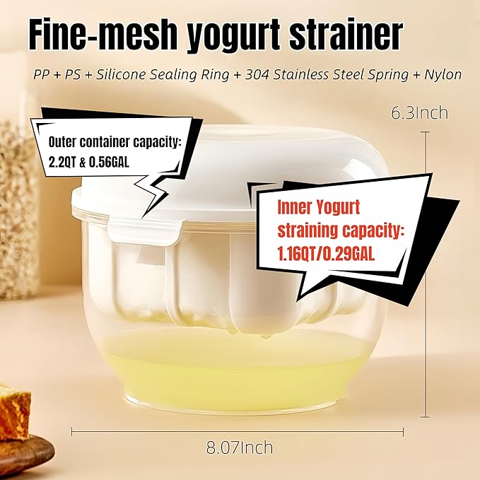 Yogurt Strainer with Spring-[2.2QT/0.56GAL] Large Capacity, [1.16QT/0.29GAL] Filter Volume, 304 Stainless Steel Mesh Yogurt Maker, BPA-Free Detachable Greek Yogurt Strainer for Homemade Thick Yogurt