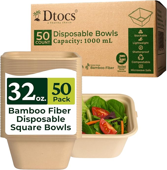 Dtocs Bamboo Fiber Disposable Bowls – 32 Oz, 50 Pk | Bamboo Square Bowl | Microwavable Bagasse Bowl like Soup, Cake, Salsa, Salad bowls | Disposable Dinnerware Sub Paper, Plastic, Styrofoam, Leaf