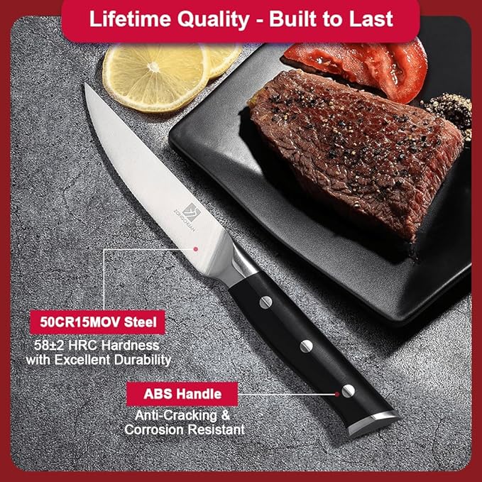 Steak Knives,4.5 Inch Steak Knives Set of 6, Micro-Cutting Point Serrated Edge, Very Sharp Steak Knife, Dishwasher Safe, 50CR15MOV Stainless Steel, Handle Ergonomic And Full Tang Design With Gift Box