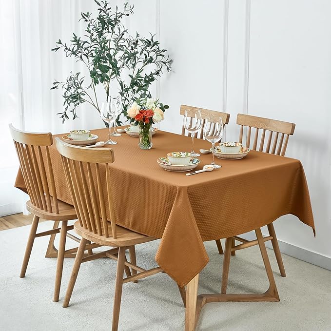 maxmill Weaved Texture Design Harvest Tablecloth Water Resistant Wrinkle Free Spill-Proof Soft Table Cloth for Fall Harvest Thanksgiving Parties Dinner Decoration, Rectangle 52 x 84 Inch Amber
