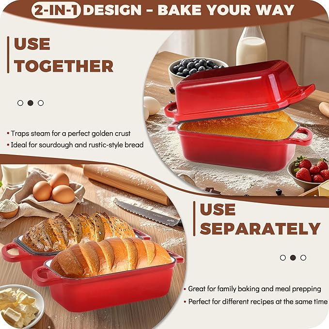 Articasting Cast Iron Bread Loaf Pan with Lid, 2 In 1 Loaf Pans for Baking Bread 9x5, Enameled Bread Pans for Homemade Bread, Sourdough, Even Heating Bread Dutch Oven, Red