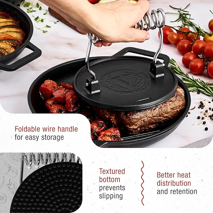 Victoria Round Cast-Iron Meat Press with a Wire Handle, Preseasoned with Flaxseed Oil, Made in Colombia