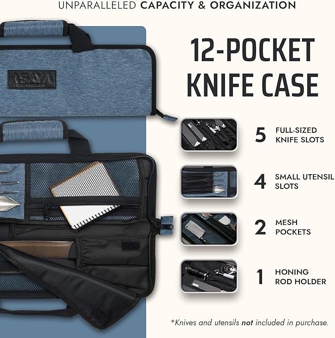 Asaya Chef Knife Roll Bag - 12 Pockets for Knives and Kitchen Utensils - Lightweight, Durable, and Stain Resistant Nylon - Perfect for the Traveling Chef - Knives not Included