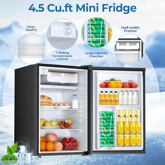 4.5 Cu.ft Mini Fridge with Freezer, Compact Refrigerator with Reversible Single Door, Adjustable Thermostat, Low Noise, Energy Efficient for Office, Dorm, Bedroom, Apartment BLACK