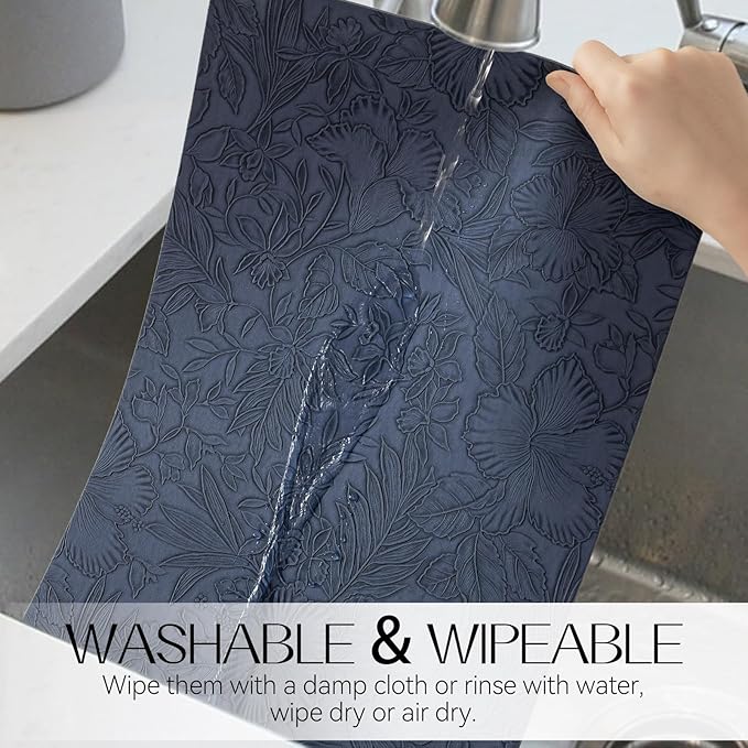 Romanstile Vinyl Placemats Set of 6-12 X 17 Inch - Heat Resistant Non-Slip Embossed Floral Place Mats 100% Waterproof Oilproof Wipeable Faux Leather Table Mats for Kitchen/Dining/Party, Navy Blue