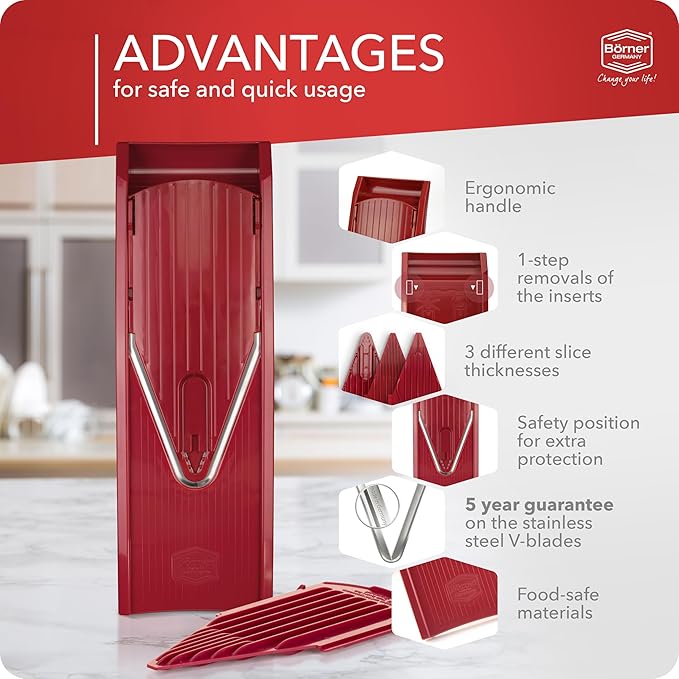 Mandoline Food Slicer Borner V1 (Basic Set) by Reston Lloyd • V-Slicer with Food Holder • Made in Germany • Fruit & Vegetable Chopper • Multiple Settings • Color: Red