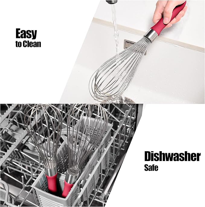 18/8 Stainless Steel Balloon Whisk, Doosu Kitchen Whisk for Cooking Handheld Egg Beater with Rust-Proof Sturdy Wires & Non-Slip Silicone Handle for Beating, Stirring, Blending (12 Wires, Red)