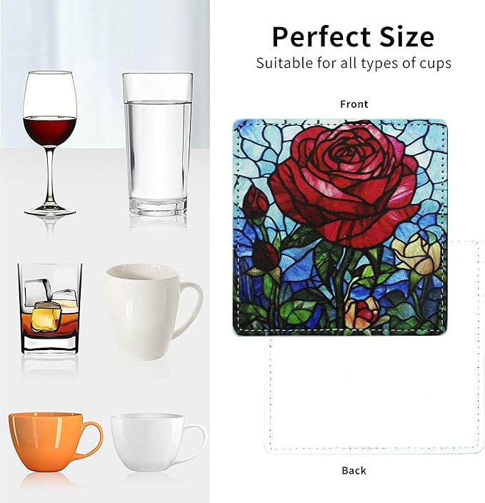 Marble Coasters Square Leather Drinks Coaster Set with Holder for Coffee Table Bar Home Decor 4 Inches Set of 6 (Rose, One Size)