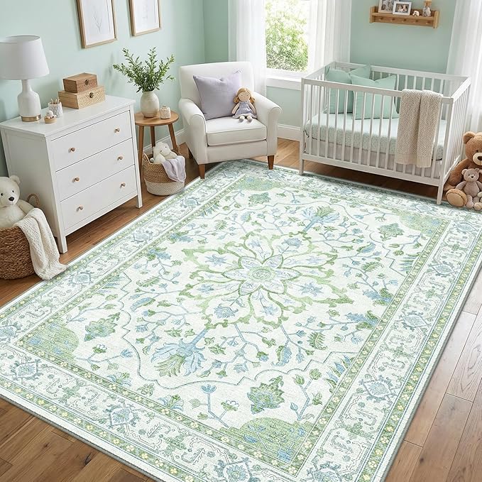 Area Rugs 5'x7' Washable Non-Slip, Floral Vintage Distress Print Pattern Medallion Carpet for Living Room Bedroom Dining Room, Green White Blue