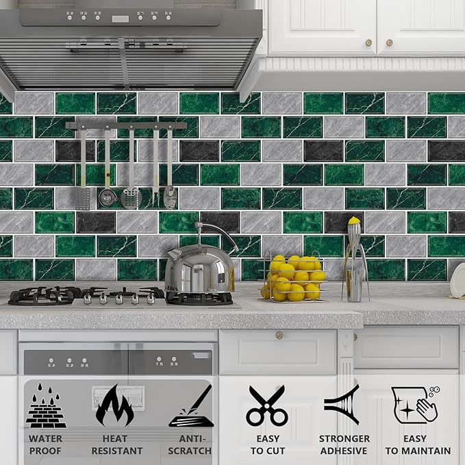 URCOLOR 10-Sheet Peel and Stick Backsplash Tile for Kitchen,12"x12" Self Adhesive Wall Tiles Stick on Back Splashes for Bathroom Green Marble Look
