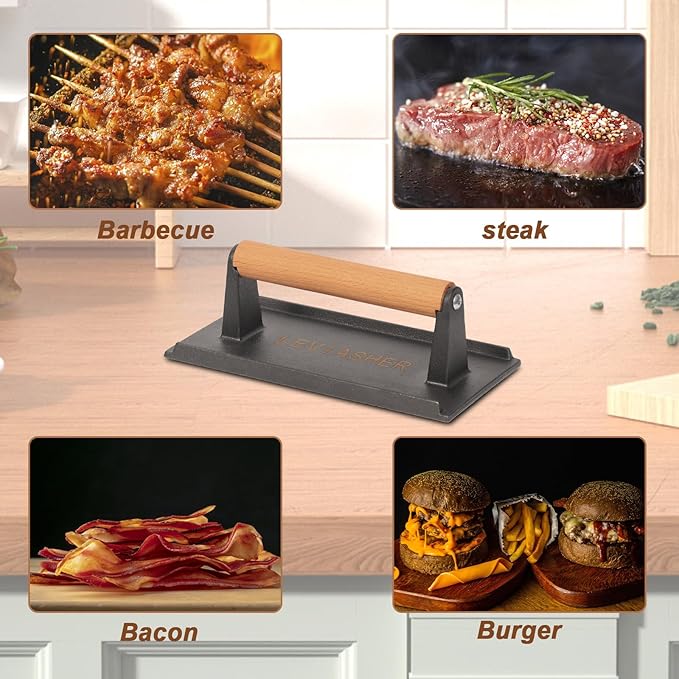 2.2 lb Heavy Duty Cast Iron Grill Press, 7.8X3.9 inch Rectangle Bottom Granular Burger Press with Wood Handle for Blackstone, Chef, Camp, Panini, Vegetable, Bacon, Sandwich, BBQ, 2 Pack