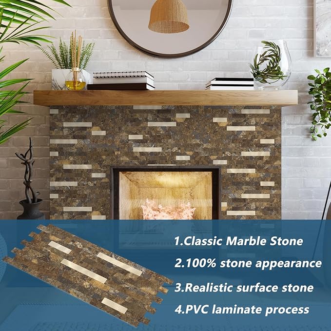 Yipscazo 10 Sheets Peel and Stick Stone Metal Backsplash, PVC Wall Tiles Stick on Tiles for Backsplash Kitchen, Bathroom, Fireplace (6'' X 12'', Rustic)