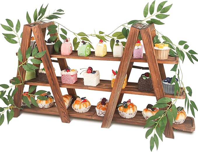 Wooden 3-Tier Cupcake Stand with Removable Trays & Vine Decoration — Foldable Party Display Serving Ladder with Platter for Cake, Snacks, Fruits, Chips, Bread