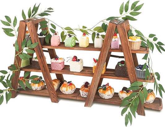 Wooden 3-Tier Cupcake Stand with Removable Trays & Vine Decoration — Foldable Party Display Serving Ladder with Platter for Cake, Snacks, Fruits, Chips, Bread