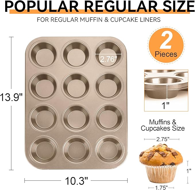 TAOUNOA Muffin Pan Cupcake Tin Nonstick, 2PCS Durable Baking Pan for Muffins & Cupcakes, Easy Clean Carbon Steel Muffin Tin for Oven Use, Parties, Gold, Standard 12 cup