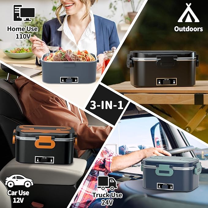Electric Heated Lunch Box for Adults, 100W 3-IN-1 2 Pack 1.8L Containers Heating Lunch Box for Men Portable Double Layer, Fast Heated Food Warmer,12V/24V/110V for Car Truck Office Home