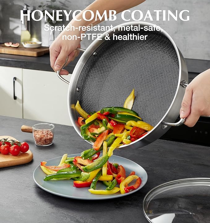 KOCH SYSTEME CS Triply Stainless Steel Saute Pan 12 Inch, Nonstick Hybird Stainless Steel Saute Pan with Lid, 6 Quart Deep Frying Pan with Honeycomb Interior, 18/10 Steel Pans, Induction Compatible