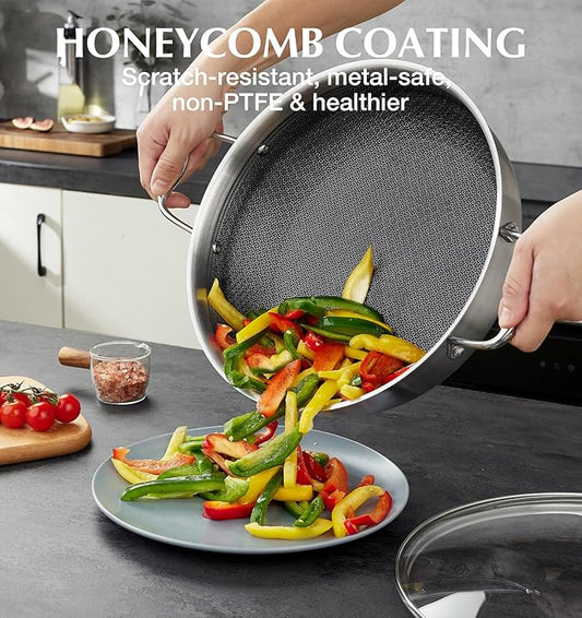 KOCH SYSTEME CS Triply Stainless Steel Saute Pan 12 Inch, Nonstick Hybird Stainless Steel Saute Pan with Lid, 6 Quart Deep Frying Pan with Honeycomb Interior, 18/10 Steel Pans, Induction Compatible