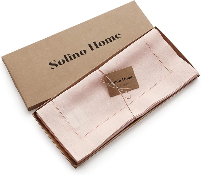 Solino Home Linen Pink Table Runner 48 Inches - Classic Hemstitch, 100% Pure Linen Coffee Table Runner 14 x 48 Inch Ideal for Dresser Tables - Valentines, Spring, Easter