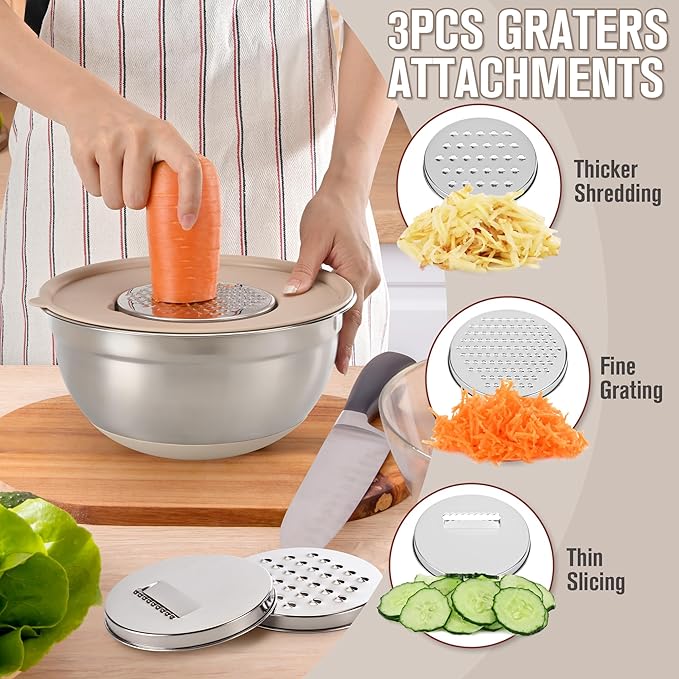 Mixing Bowls with Airtight Lid Set, 23PCS Stainless Steel Nesting Bowls with 3 Graters, Non-Slip Base, Large Prep Bowls 7, 3.5, 2.5, 2, 1.4, 1QT & 14 Measuring Spoons Great for Baking, Serving