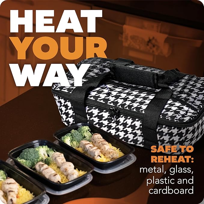 HOTLOGIC Max Large Portable Electric Food Heater W/Glass - Innovative Food Warmer and Heated Lunch Box for Adults Car/Home - Easily Cook, Reheat, and Keep Your Food Warm - Houndstooth - 120V