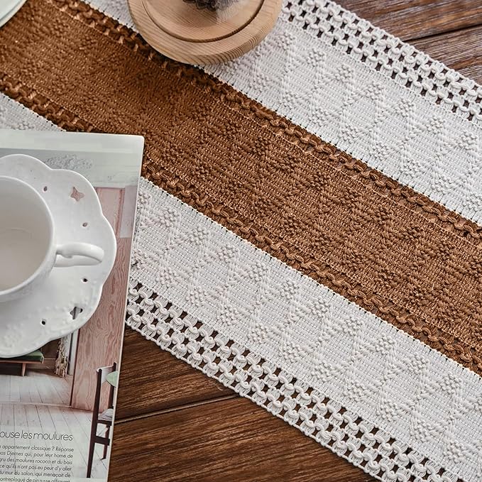 Alynsehom Macrame Table Runner Cream Beige and Caramel Boho Table Runners with Tassels Hand Woven Cotton Table Runner Rustic Farmhouse Table Runners for Bohemian Kitchen Dining Table(12x48in)