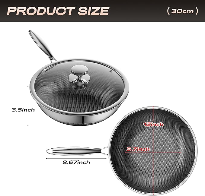ZEROPAN Wok,Hybrid 12-Inch Wok with Lid,Nonstick Stainless Steel Woks & Stir-fry pans,Dishwasher-Friendly,PFAS PFOA PTFE Free, Oven-Safe Up to 600°F,Compatible with All Cooktops