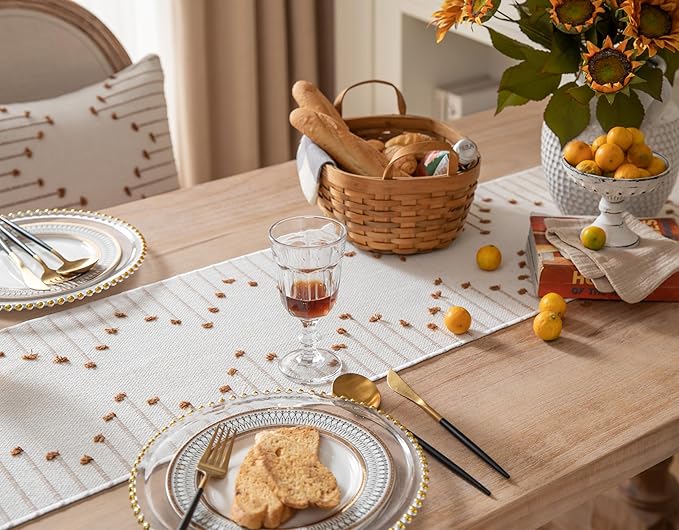 Boho Table Runner 13 x 60 Inch Long Natural Cotton Woven Runner with Tassels for Home Dining Table décor, for Modern Farmhouse Decor Coffee Table Runner, Brown and Beige
