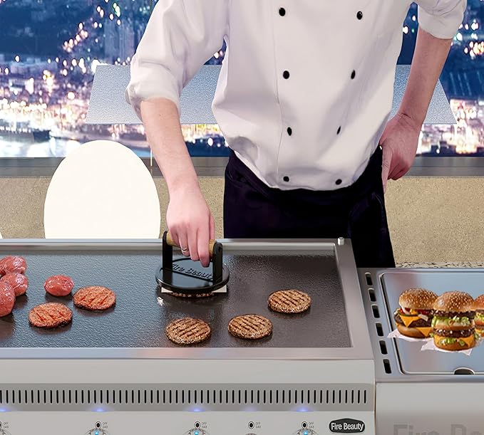 Fire Beauty Burger Press,Cast Iron 6.5" Enamel Surface Grill Press with Wood Handle,Food-Grade Smash Burger Press for Seared Bacon, Steak&Burger