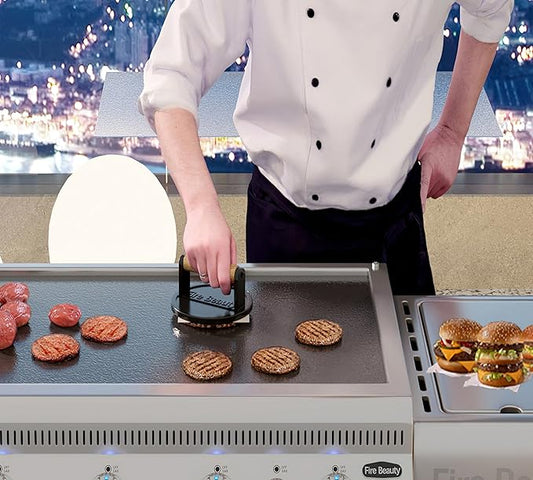 Fire Beauty Burger Press,Cast Iron 6.5" Enamel Surface Grill Press with Wood Handle,Food-Grade Smash Burger Press for Seared Bacon, Steak&Burger