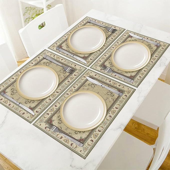 Persian Carpet Design Placemats Set of 4 Retro Tribal Texture Floral Art Printed Dining Table Mats for Restaurant Home Kitchen Holiday Picnic Party Decor 12x18in